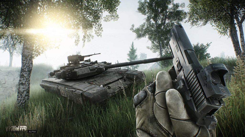 Gritty Escape from Tarkov wallpaper with gloved hand pistol tank camo grass tactical survival