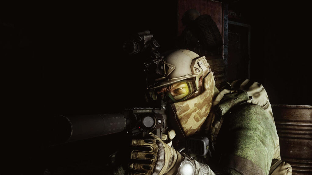 Tactical soldier from Escape from Tarkov aiming weapon in realistic gear with dark background wallpaper