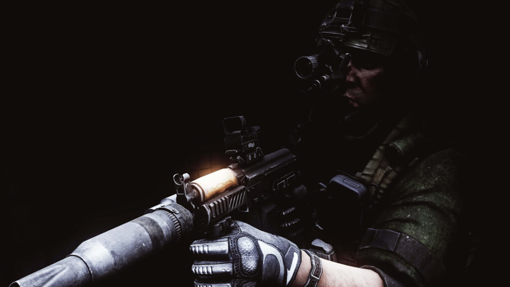 Escape from Tarkov soldier in shadows holding assault rifle with glowing magazine dramatic lighting Wallpaper