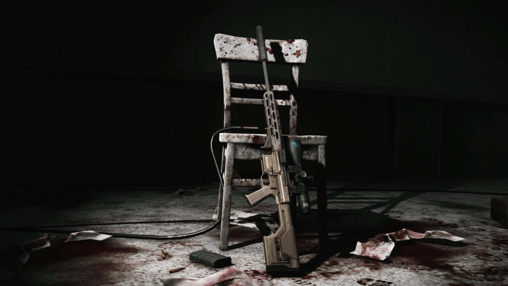 Escape from Tarkov wallpaper blood-stained white chair with tactical rifle dark gritty scene