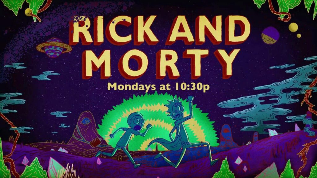 Rick and Morty running through a vibrant cosmic landscape with glowing green portal background Wallpaper