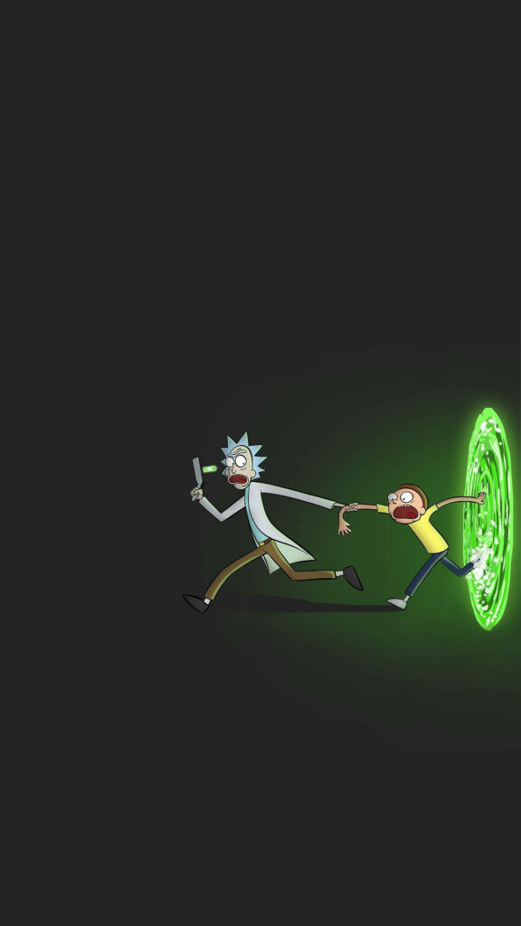 Vibrantly Animated Chaos: Rick and Morty's Mad Dash through the Portal Wallpaper