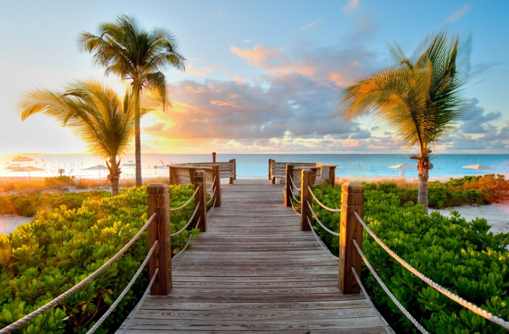 Tropical Turks and Caicos wooden boardwalk sunrise beach palm trees HD 4K wallpaper background