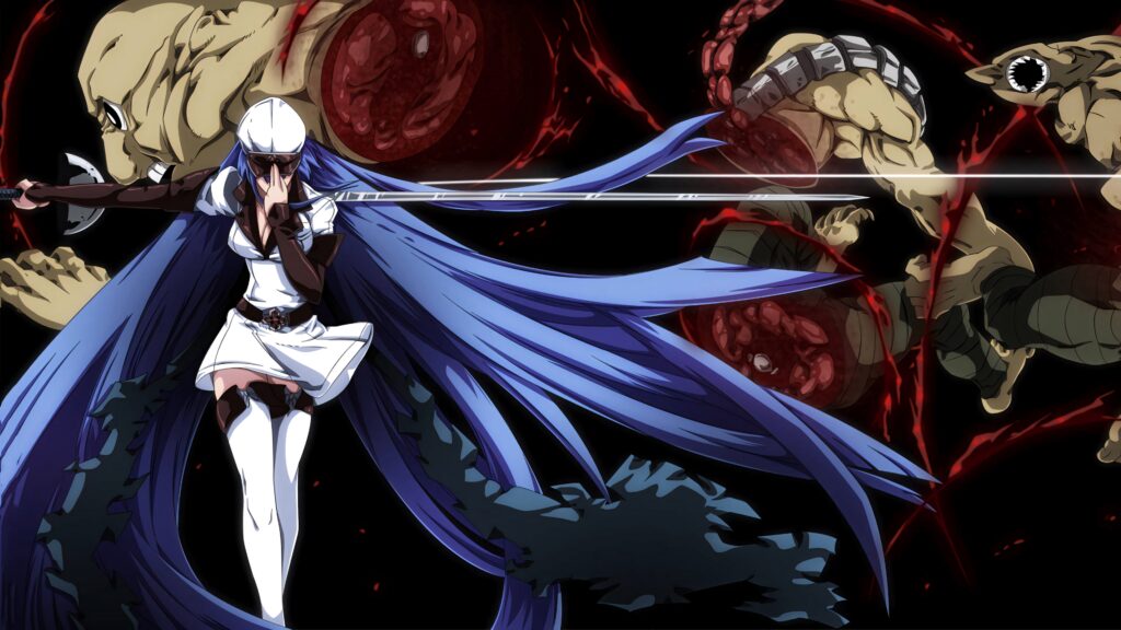 Esdeath from Akame ga Kill in military attire with sword against dark background enemies Wallpaper
