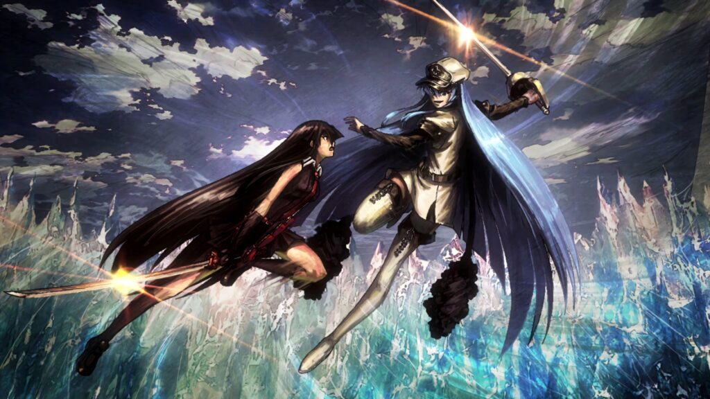 Esdeath versus Akame intense battle wallpaper Akame ga Kill anime art icy shards dramatic sky