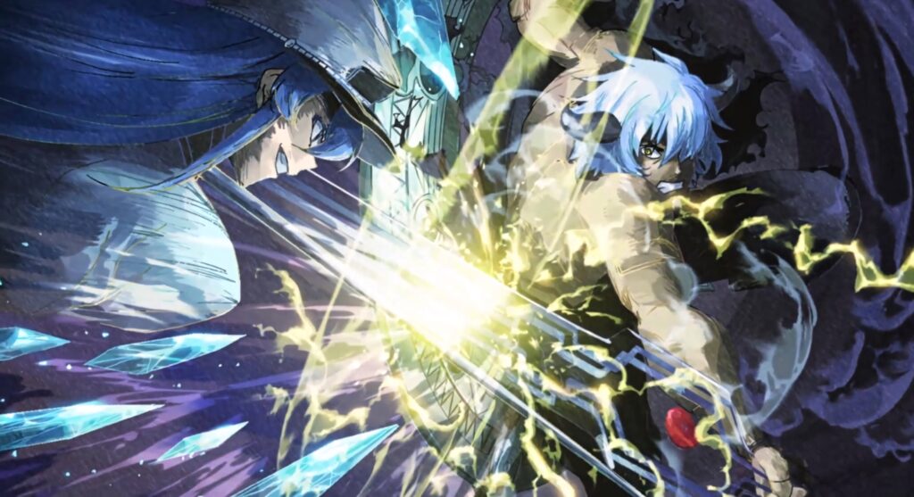 Esdeath battling Susanoo anime wallpaper with lightning ice shards vibrant blue silver tones intense