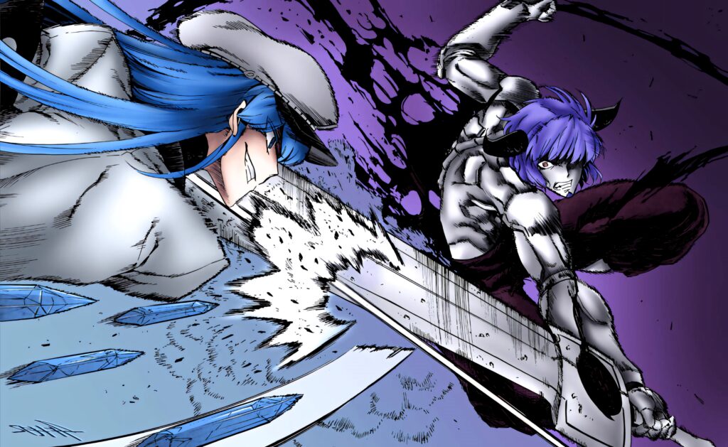 Esdeath versus Susanoo intense battle wallpaper Akame ga Kill dynamic blue and purple hues