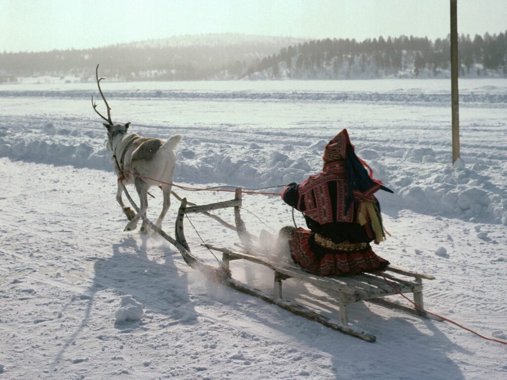 Eskimo riding wooden sledge pulled by reindeer across snowy Arctic landscape with soft sunlight Wallpaper