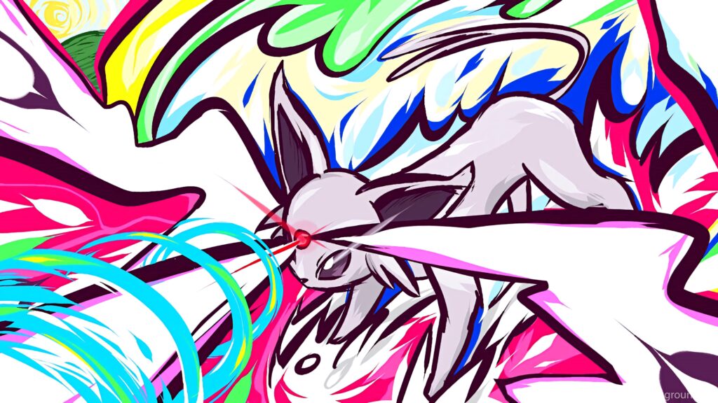 Espeon using Hyper Beam with neon swirls and vibrant colors dynamic psychic attack wallpaper