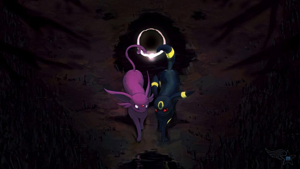 Espeon and Umbreon walk through a glowing mystical forest with contrasting colors and shadows Wallpaper