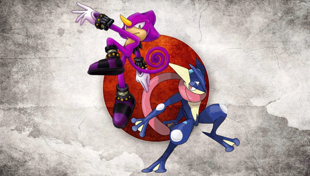 Espio the Chameleon and Greninja in dynamic ninja poses vibrant fan art wallpaper background