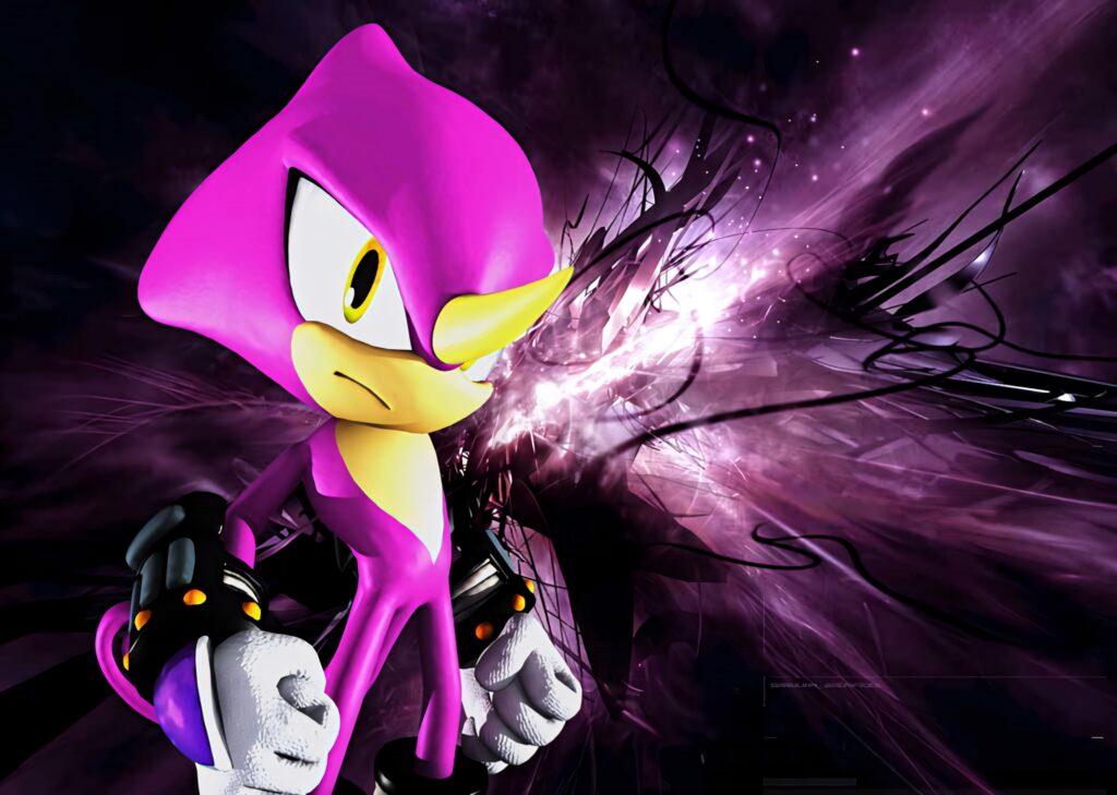 Espio the Chameleon bold pose with purple black abstract background digital art wallpaper