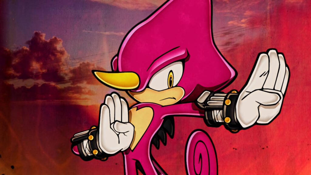 Espio the Chameleon in dynamic martial arts pose vivid magenta sunset Sonic wallpaper background