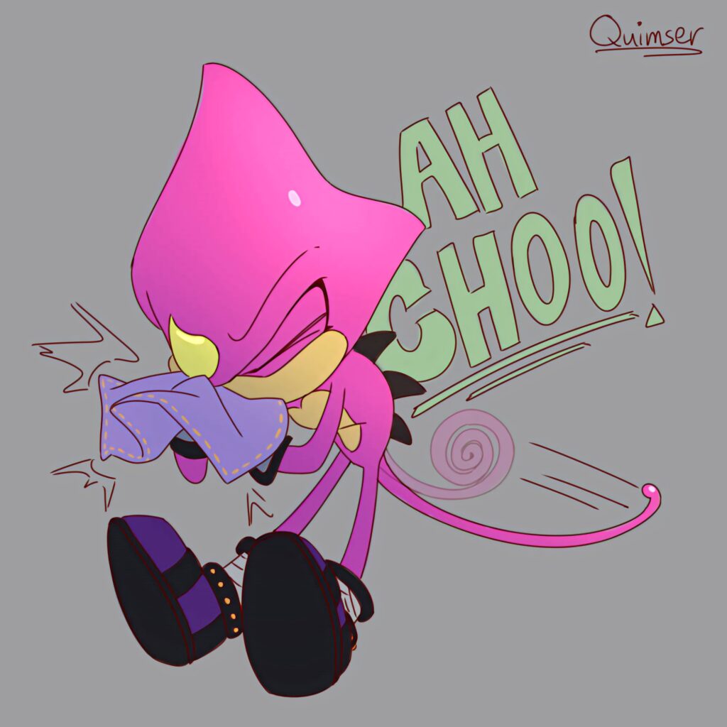 Espio the Chameleon mid-sneeze cartoon wallpaper with bright purple tones and comic text