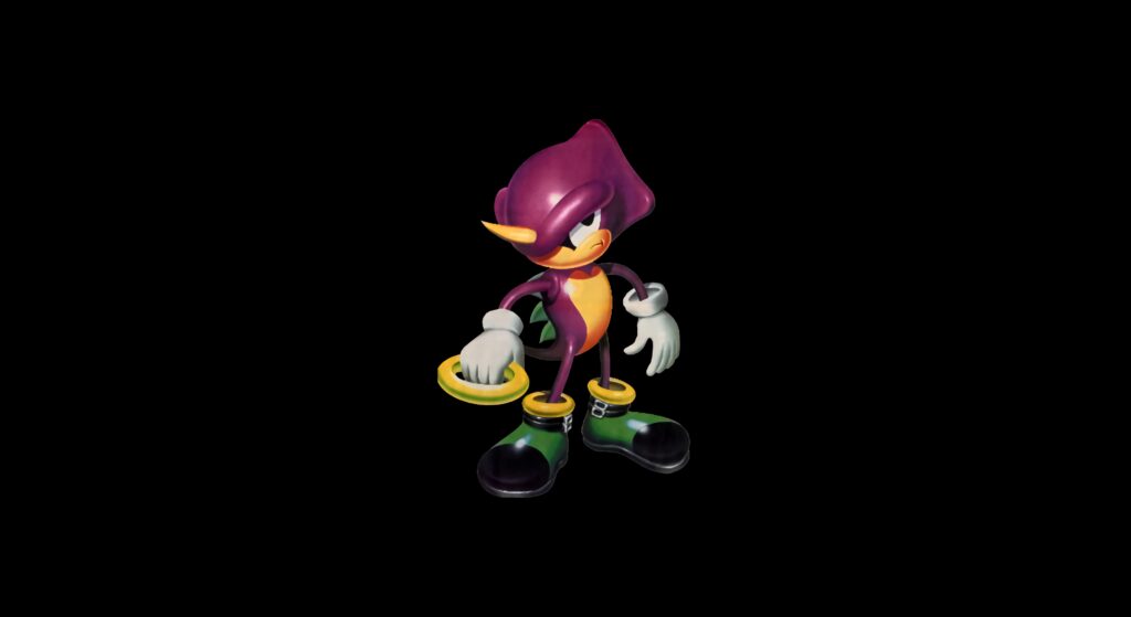 Espio the Chameleon ninja pose purple yellow sleek design on minimalist black Sonic wallpaper background