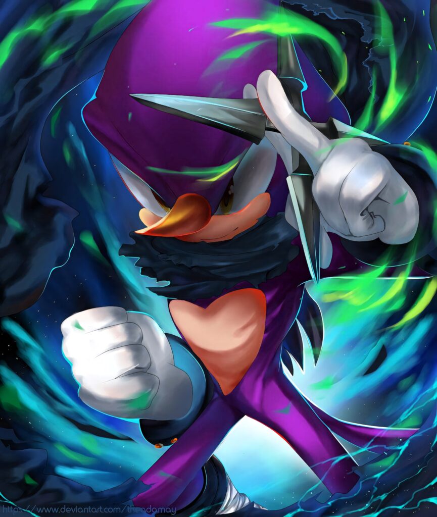 Espio the Chameleon ninja poised with swirling green and blue energy cosmic digital wallpaper