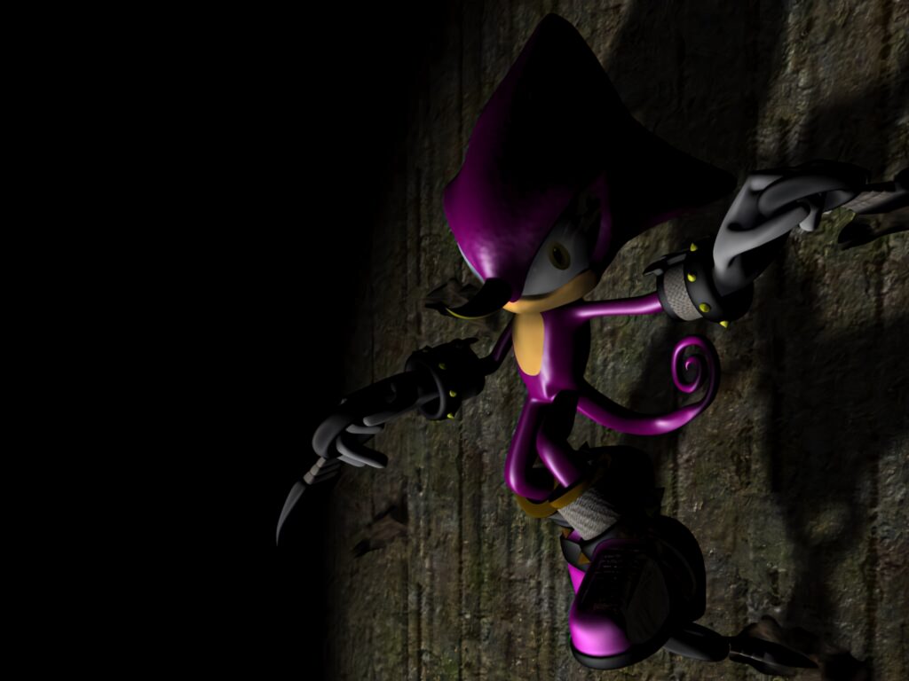 Espio the Chameleon stealthily moves on shadowy stone wall with moody purple ninja wallpaper