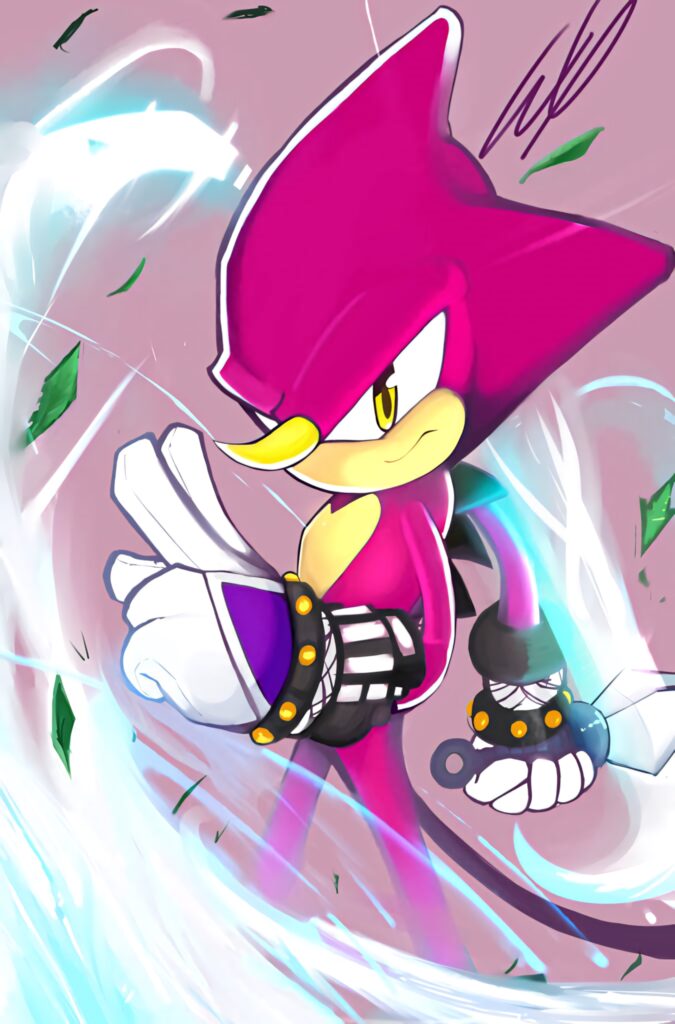 Espio the Chameleon ninja with purple skin amid swirling light and flying leaves wallpaper