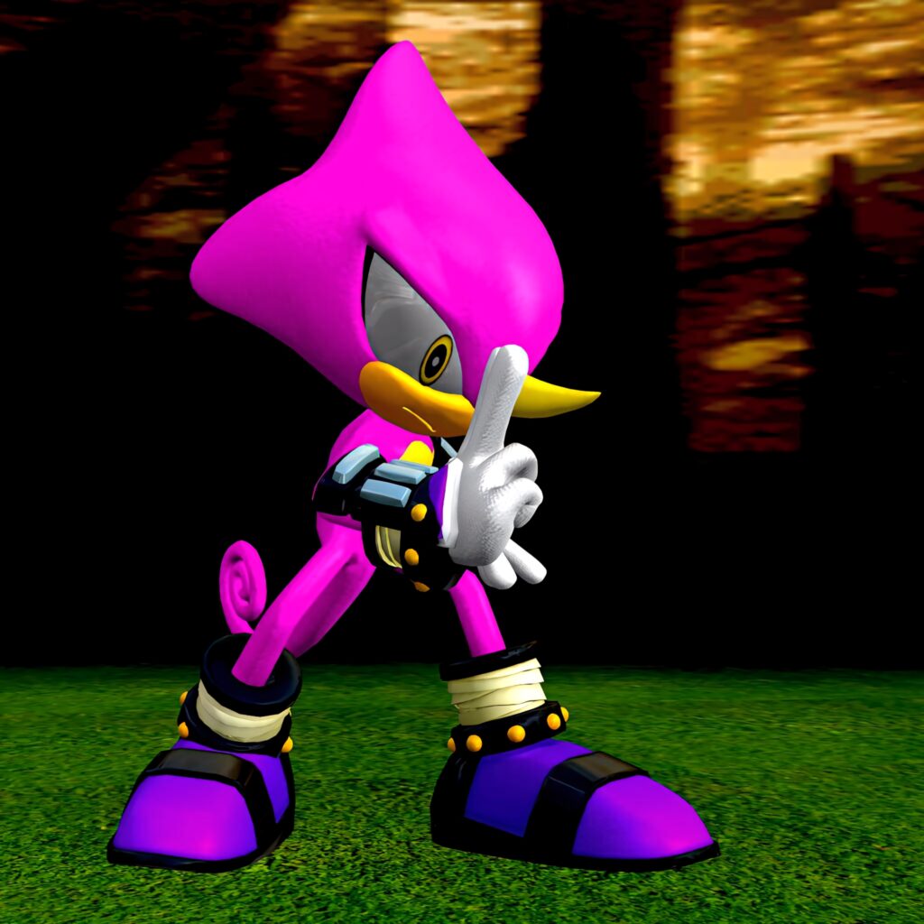 Espio the Chameleon in vibrant pink ninja pose with sharp shadows on blurred nature background Wallpaper