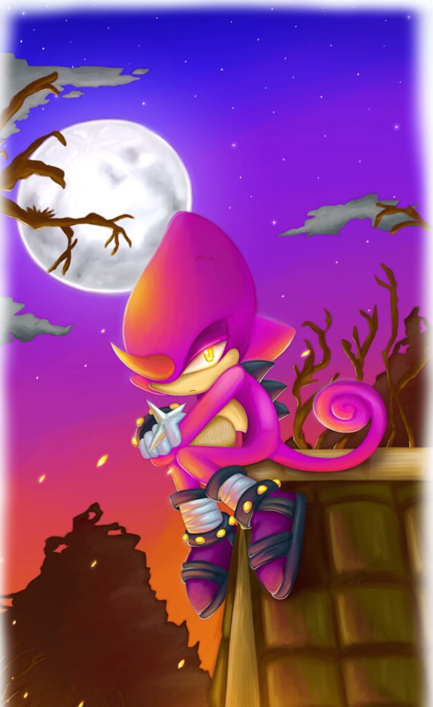Espio the Chameleon purple perched on rooftop full moon twilight sky autumn digital art wallpaper