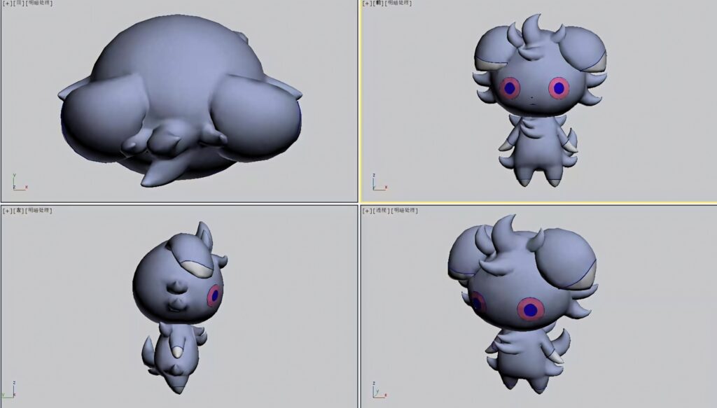 Minimalist grayscale Espurr wallpaper showing front side angled top views with violet eyes digital art