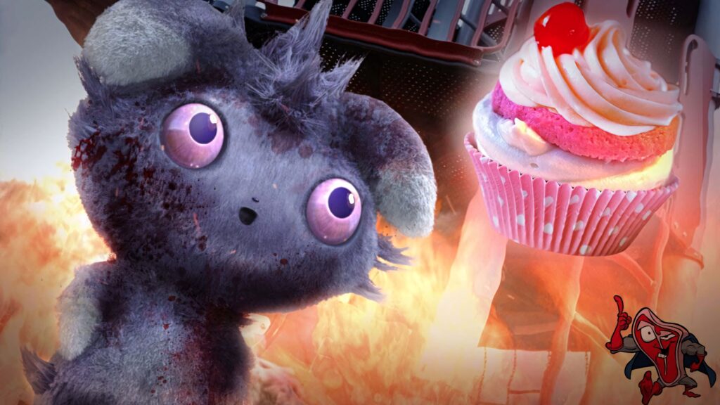 Espurr with glowing purple eyes levitating a colorful cupcake in fiery background wallpaper