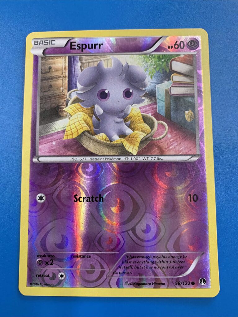 Vibrant Espurr Scratch Pokémon card wallpaper with holographic purple swirls and psychic energy background