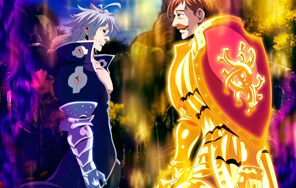 Estarossa and Escanor intense showdown vibrant Seven Deadly Sins wallpaper battle scene