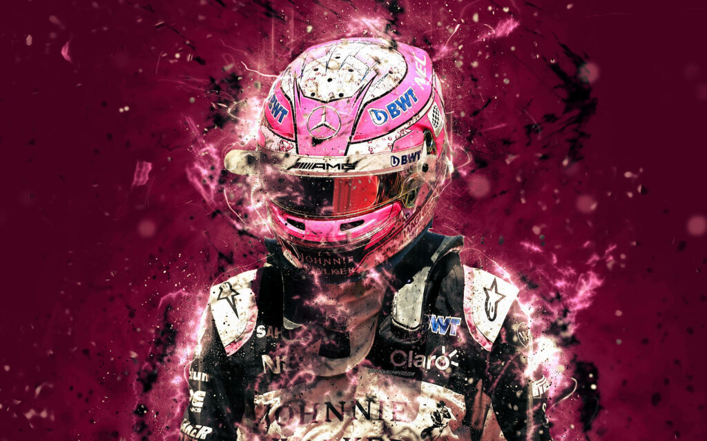 Esteban Ocon Formula 1 racing suit pink helmet dynamic digital art maroon energy splashes wallpaper