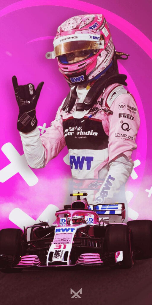 Esteban Ocon in pink BWT racing suit with F1 car on dynamic pink graphic wallpaper background