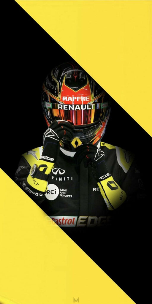 Esteban Ocon Renault F1 driver in racing suit helmet on bold yellow black geometric background wallpaper