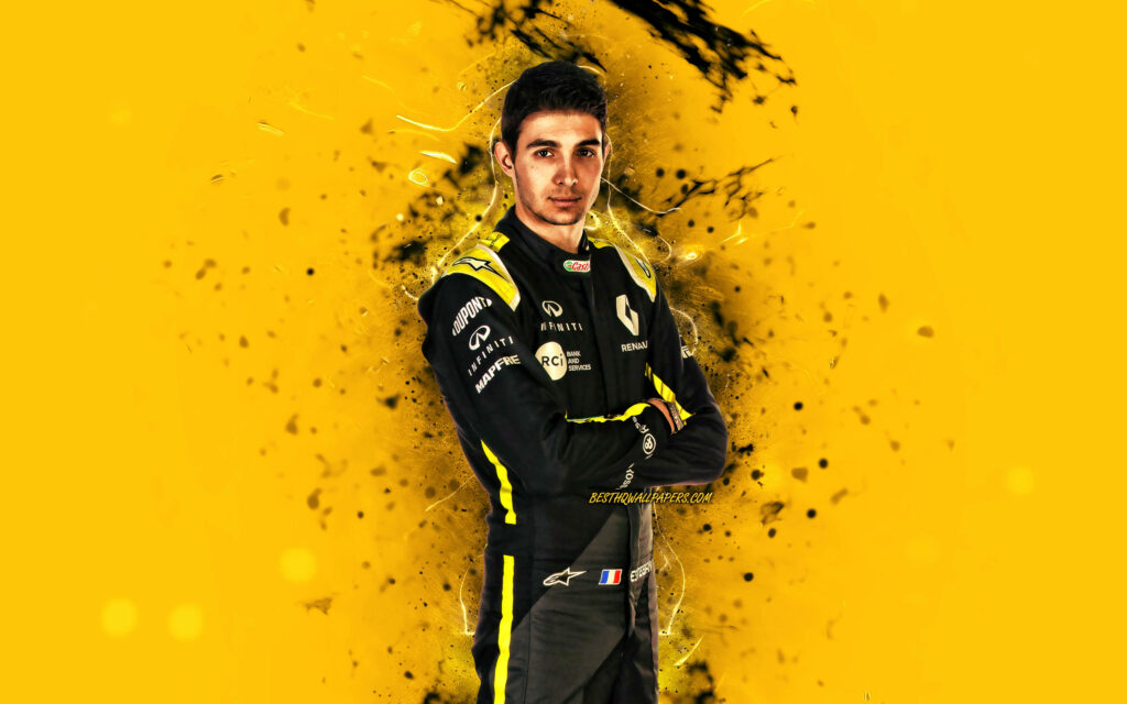 Esteban Ocon Renault racing suit Formula 1 driver yellow background dynamic black splashes wallpaper