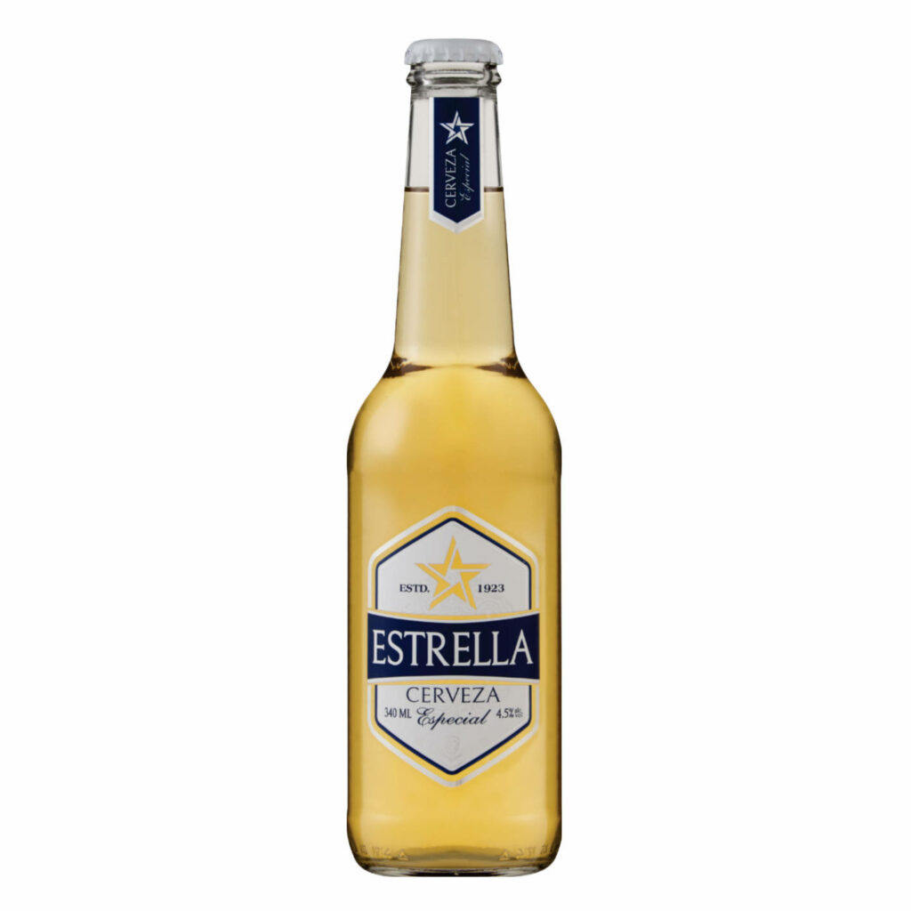 Clear Estrella Cerveza bottle on white background showcasing golden beer and blue gold label Wallpaper