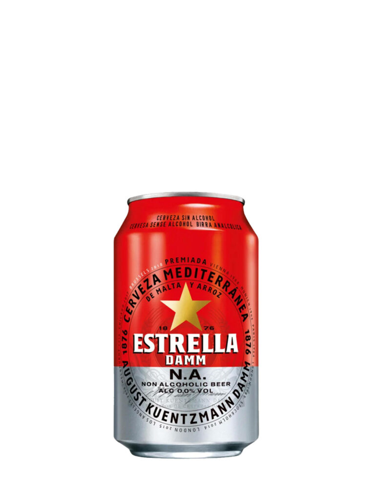 Estrella Damm Non-Alcoholic Lager Beer can with red silver design on white minimalist background Wallpaper