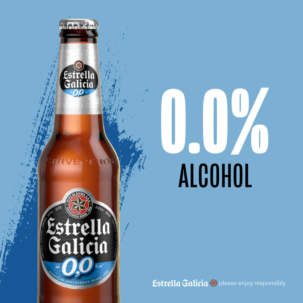 Estrella Galicia 0.0 non-alcoholic beer bottle on blue background with bold white text and modern design Wallpaper