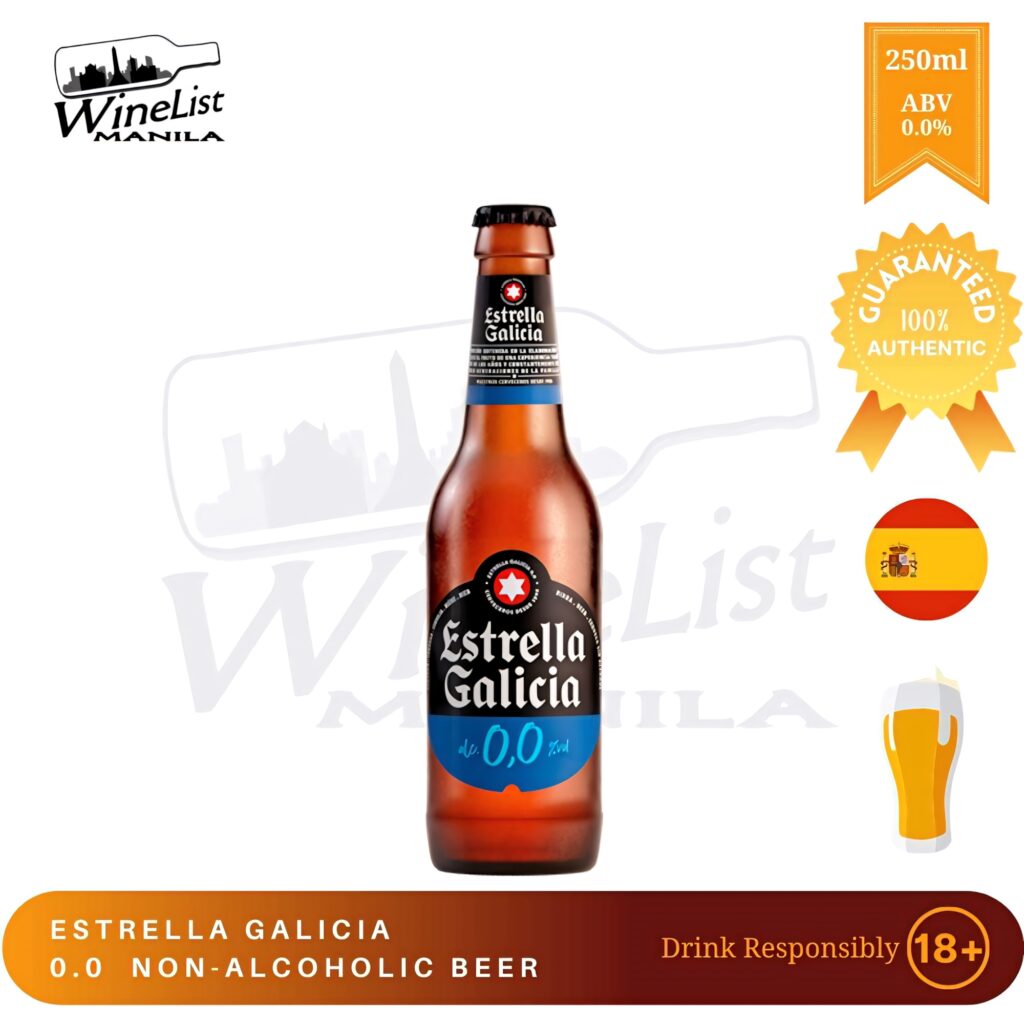Chilled Estrella Galicia 0.0 non-alcoholic beer bottle with cityscape and beer glass silhouette wallpaper