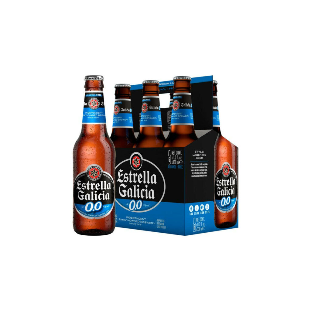 Six-pack of Estrella Galicia 0.0 non-alcoholic beer with vibrant labels on clean white background Wallpaper
