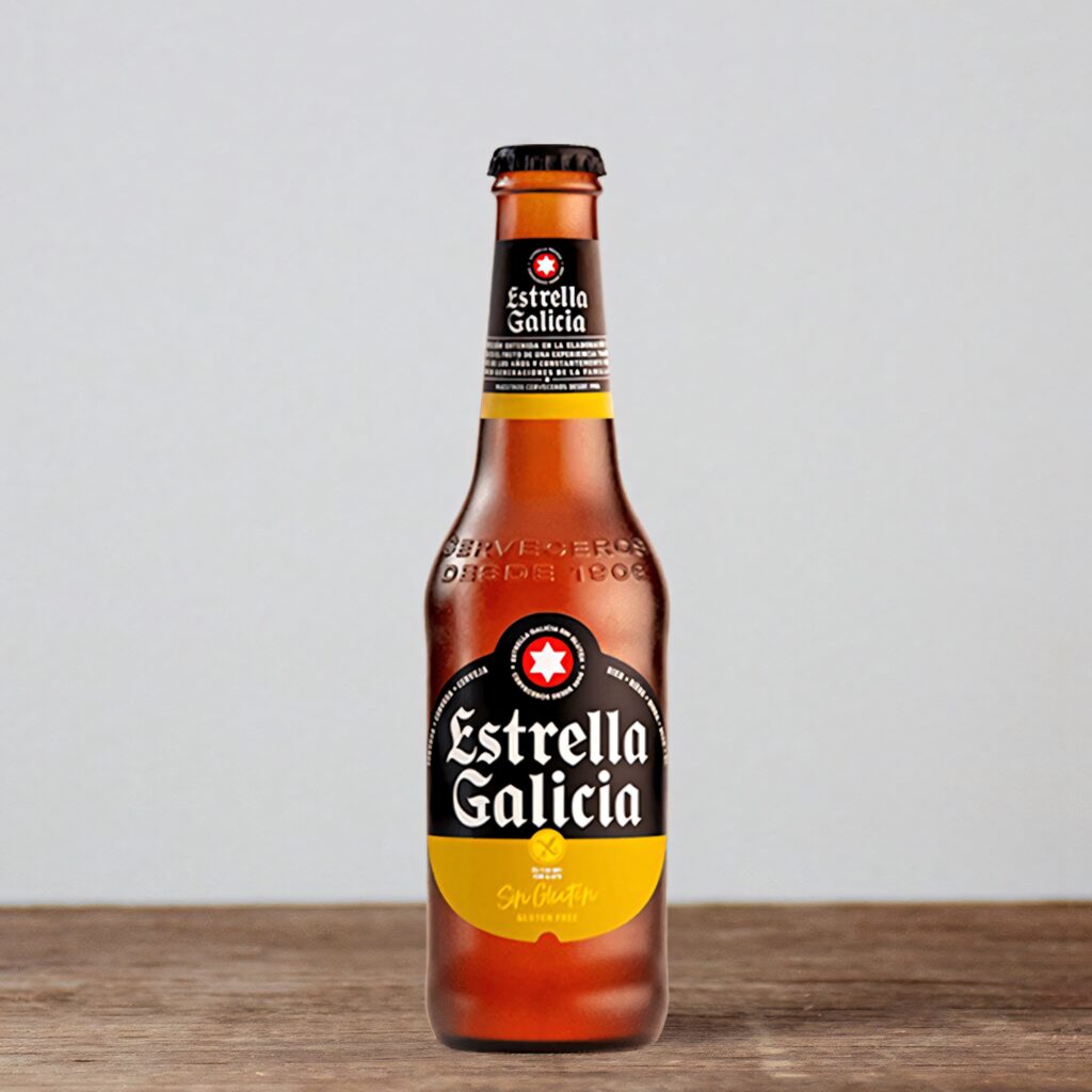 Estrella Galicia beer bottle with yellow label on minimalist gray background wallpaper background
