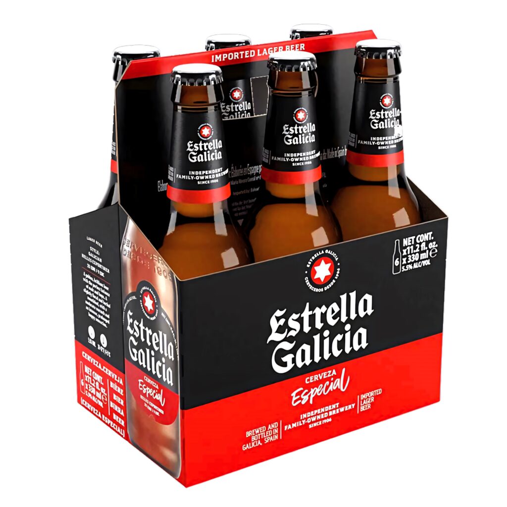 High-resolution Estrella Galicia Special Beer six-pack with red black carton Spanish craft brew Wallpaper