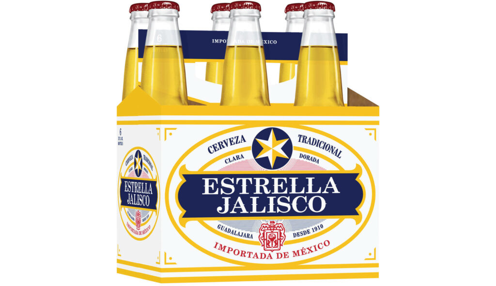 Six-pack Estrella Jalisco Golden Lager bottles with vibrant yellow and bold blue gold branding Wallpaper