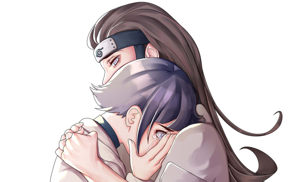 Healing Embrace: Neji Hyuga Soothing a Tearful Hinata with a Serene White Backdrop Wallpaper