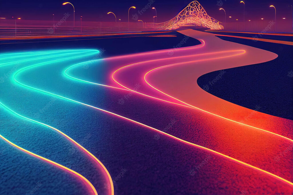 Eternal Glow: Endless Neon Highways Illuminated by Streetlamps in a Vibey Artwork Wallpaper