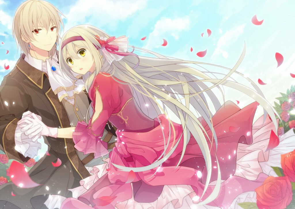 Enchanting Love: Romantic Dance in a Sea of Red Flower Petals Wallpaper