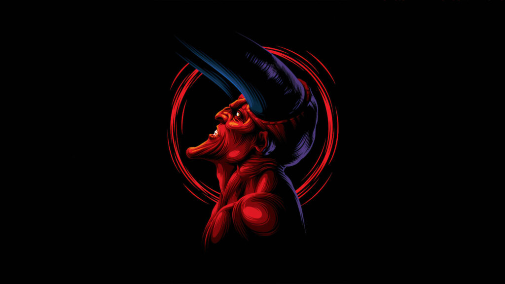 The Fiery Gaze of the Devil: A Striking 4K Wallpaper of a Red Circular Emblem on a Dark Background, Featuring the Devil's Profile Looking Upwards
