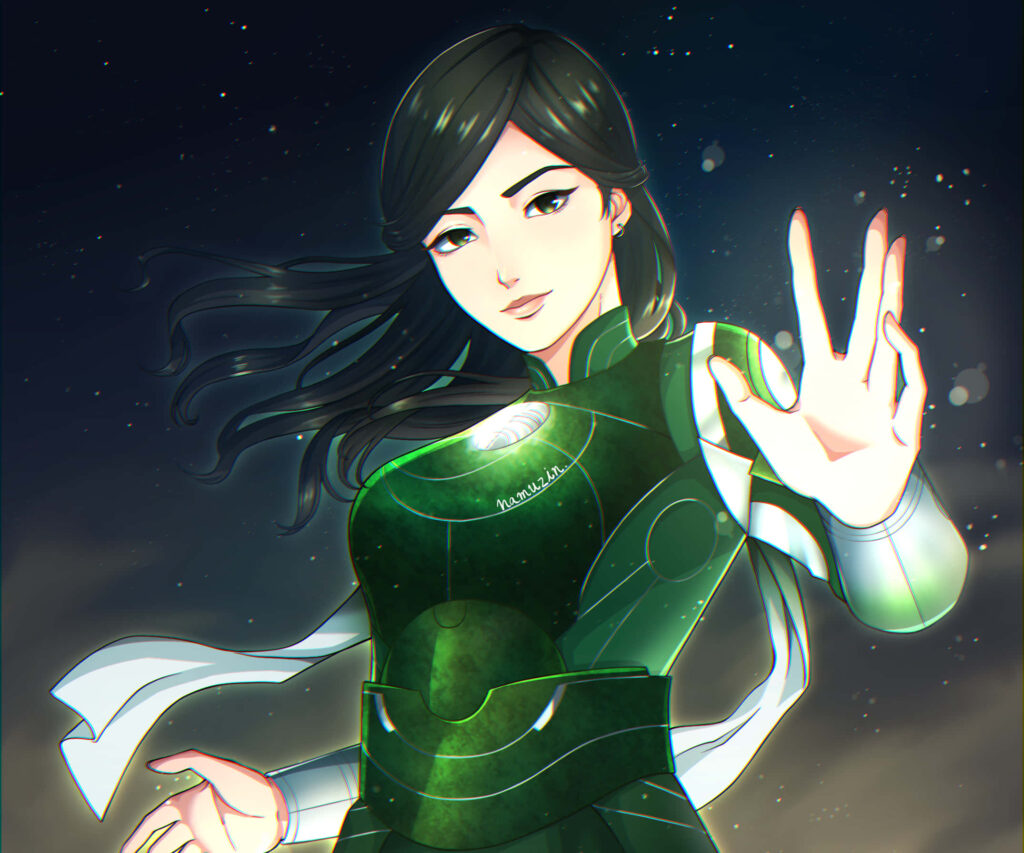 Cosmic Eternals Wallpaper: Graceful Character in Green & White
