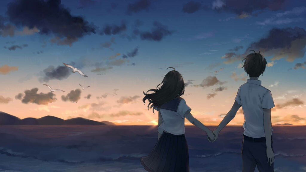 Romantic Anime Love: A Dreamy Sunset Stroll for this Adorable Couple Wallpaper