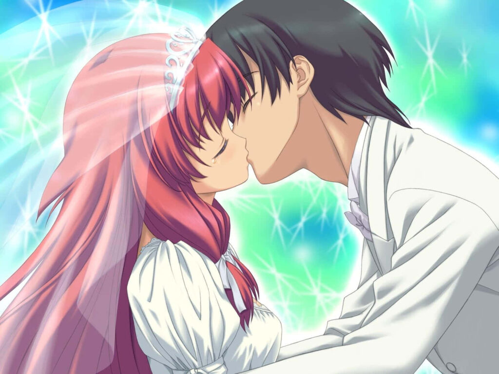 Fairy Tale Embrace: Enchanted Couple's Magical Wedding Kiss amidst Dreamy Colors Wallpaper