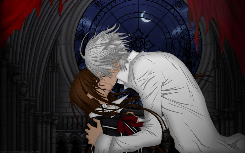 Romantic Encounter: Anime Lovebirds Embrace in Moonlit Castle Wallpaper