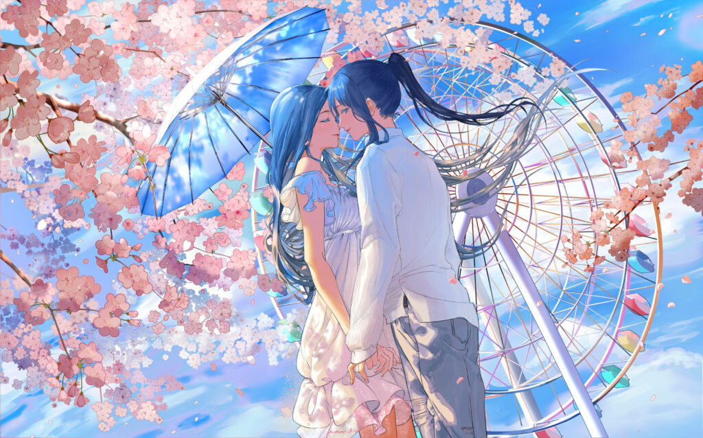 Whispers of Love beneath the Blossoms: An Anime Duo Embraces in the Warmth of Spring Wallpaper