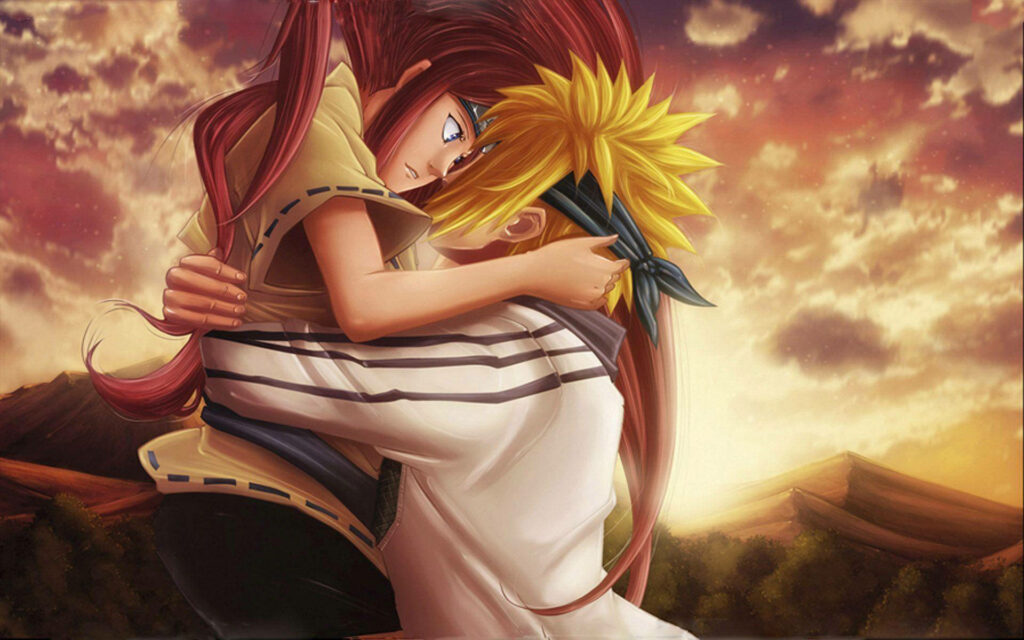 Sunset Love: An Immaculate 3D Rendition of Naruto's Beloved Couple - Minato Uzumaki and Kushina - Embracing Romance in a Breathtaking Scene Wallpaper